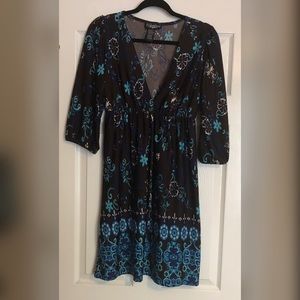 Black & Turquoise Patterned V-Neck Dress